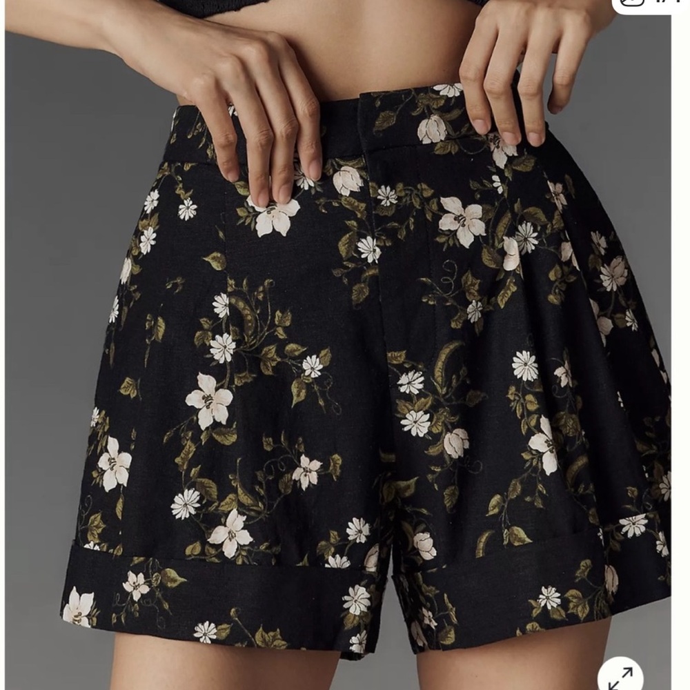 Maeve Black Floral High-Waist Cuffed Shorts